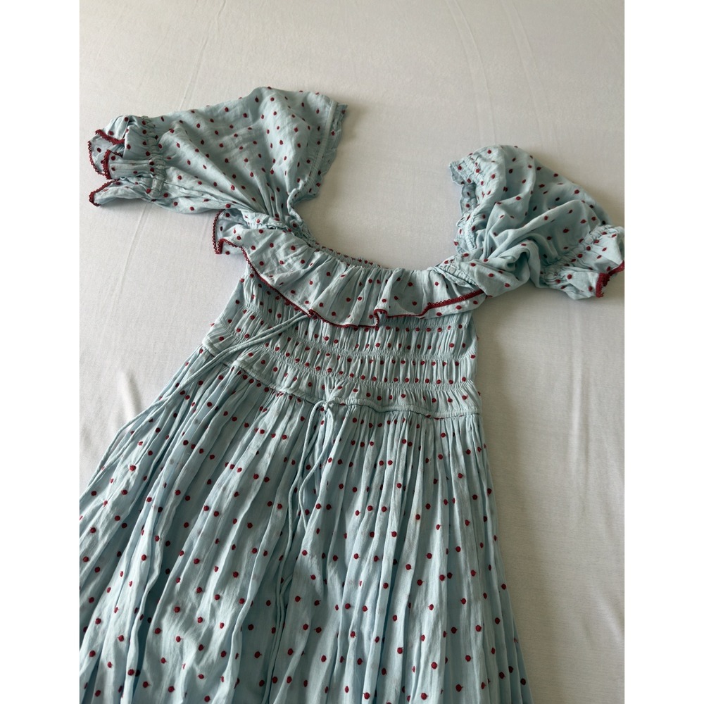 DOEN Light Blue Red Polka Dot Smocked Ruffle Puff Sleeve Midi Dress Cottagecore